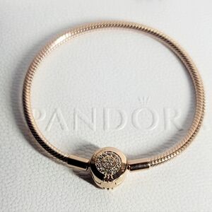 PANDORA Moments Sparkling Crown O Pavé Clasp Snake Chain Rose Gold Bracelet 7.1"